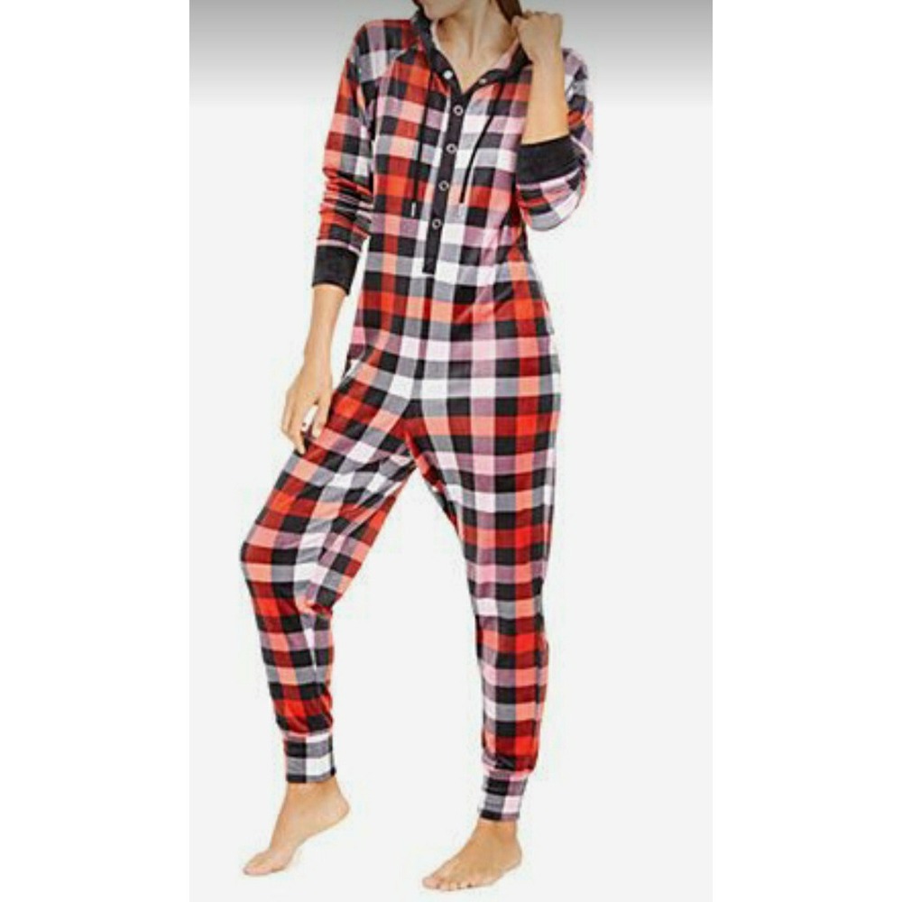NWT Jenni Intimates Womens Hooded 1 Red Buffalo Check Velour Pajama XXL